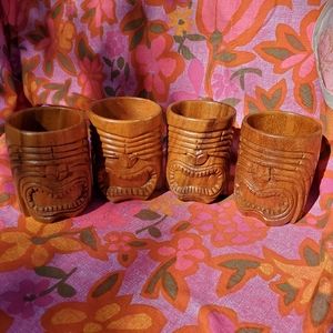 Vintage Wood Tiki Mugs Set Alii Woods Honolulu 4 cups Wooden Carved Ku Warrior
